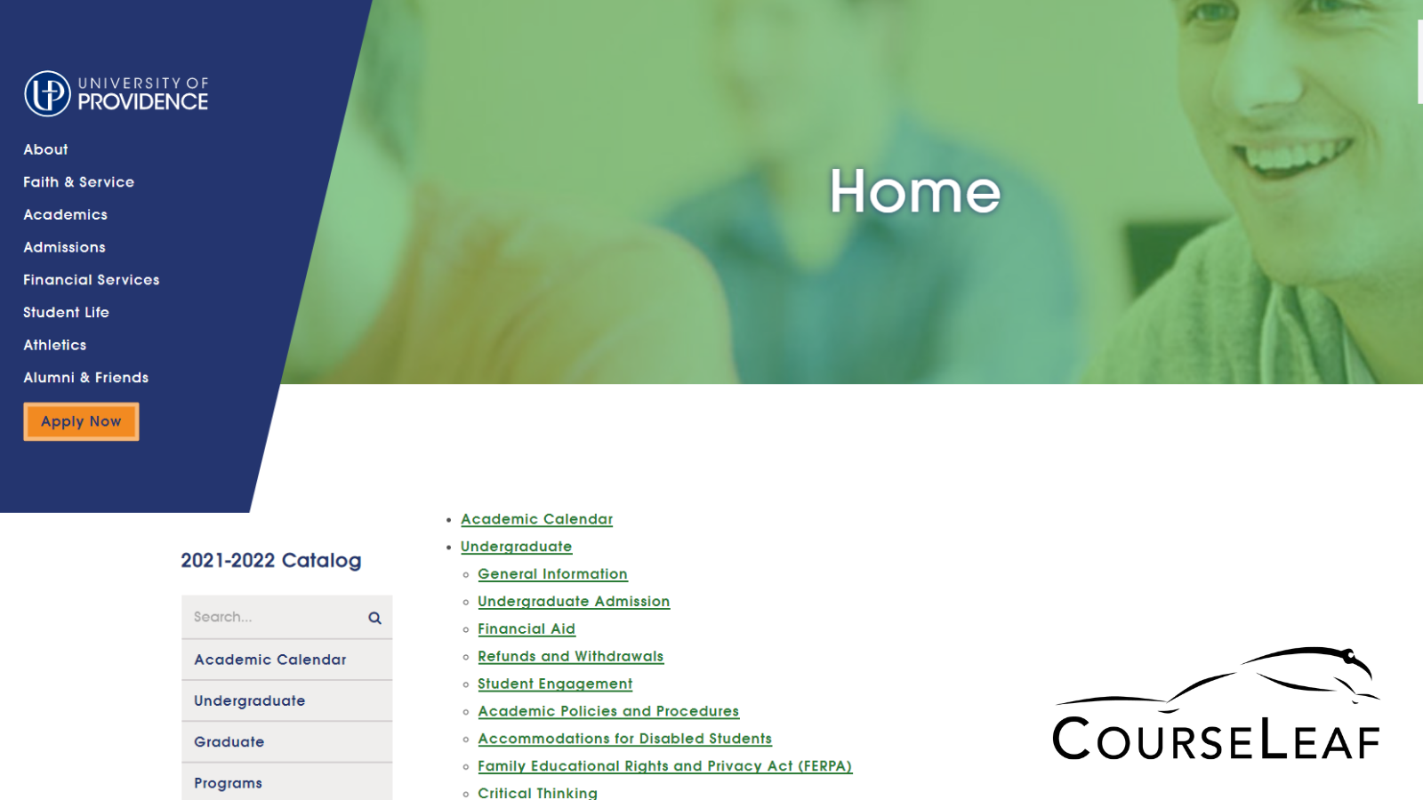 University of Providence CourseLeaf catalog homepage
